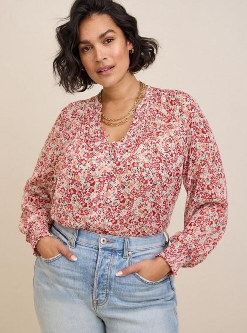 Torrid Red Floral Crinkle Chiffon Smocked Sleeve Blouse - 4X